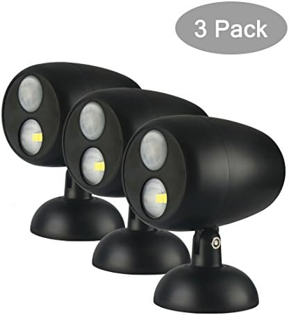 LUXONIC PIR Motion Sensor LED Spotlight Batteries Powered Wireless Outdoor Wall Night for Garage, Yard，etc (3 pack black)