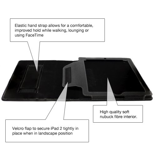 Snugg iPad 2 Case Leather Cover and Flip Stand with Elastic Hand Strap and Premium Nubuck Fibre Interior (Black) - Automatically Wakes and Puts the iPad 2 to Sleep. Superior Quality Design as Featured in Wired Magazine.