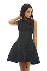 Fitted Round Neck Metallic Geometric Print Flared-Skirt Skater Dress/Little Black Dress/Party Dress 