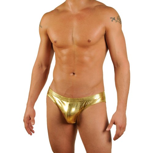 Mens Liquid Gold Metallic Contour Pouch Bikini Swimsuit By Gary Majdell Sport Size Small