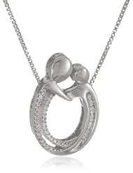 XPY Sterling Silver Diamond Oval Mother and Child Pendant Necklace ( .134cttw, I-J Color, I2-I3 Clarity), 18"