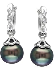 14k White Gold 9-9.5 MM Tahitian Cultured Pearl, and Accent Diamond Earrings (0.032 Cttw, G-H Color, I1-I2 Clarity)