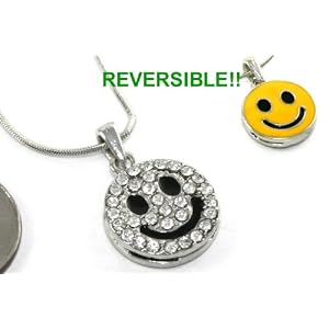 ICED 2 Sided Yellow & Clear Smiley Face Charm Necklace Silver Tone