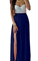 Sexy Strapless Lace Illusion Slit Summer Cocktail Full Length Chiffon Bodycon Dress/Club Dress/Evening Dress/Prom Dress/Party Dress/Maxi Dress 