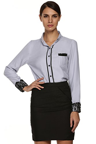 Finejo Women's Patchwork Lace Long Sleeve Formal Work Blouses Shirts