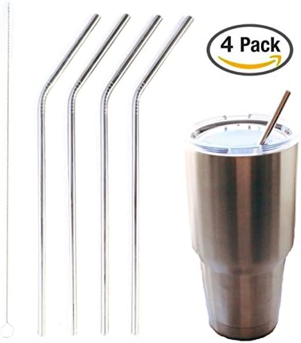 4 Bended LONG &amp; THIN Stainless Steel Straws - Fits Yeti 20 &amp; 30 oz Rambler Tumbler Cups - Plus LONG &amp; Sturdy Cleaning Brush, Bent Roving Rock Reusable Metal Drinking Straws 4 Pack (9.5" Long)