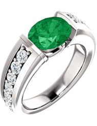 14K White Gold 9.00x7.00mm Oval Cut Chatham Created Emerald and Diamond Ring -- LIFETIME WARRANTY