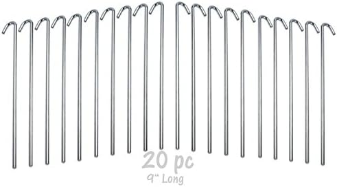Moishia 20 Piece 9" Length with 1" Hook Galvanized Rust Resistance Steel Lightweight Tent Pegs - Garden Stakes- Includes 4mm diameter heavy duty steel rod