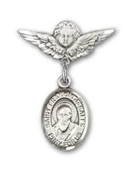 Sterling Silver Baby Badge with St. Francis de Sales Charm and Angel with Wings Badge Pin