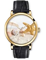 SPRAWL Aanalog Fashion Series Gold Ladies Watches of Genuine Black Leather Strap,Unique Wrist Watch for Women Girls Designed with Shell and starfish on the sand