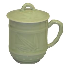 Celadon covered coffee tea mugs - asian bamboo design, set of 2 by Reorient