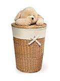 Badger Basket Company Round Hamper with Lid with Smile Plush Animal in Natural