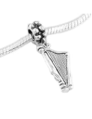 Sterling Silver Double Sided Harp Musical Instrument Dangle Bead Charm