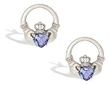14K White Gold Genuine Heart Tanzanite and Diamond Celtic Claddagh Earrings