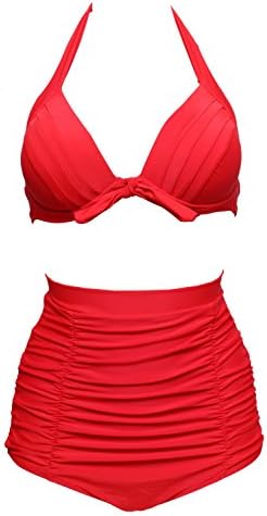 Flora Polka Vintage High Waisted Bikini Swimsuits Swimwear Red M(US4-6)