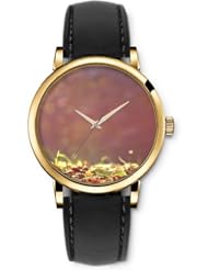 SPRAWL Aanalog Fashion Series Gold Ladies Watches of Genuine Black Leather Strap,Unique Wrist Watch for Women Girls Designed with yellow flowers