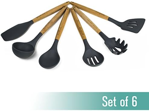 Bouche 6 Piece Eco-Friendly Bamboo/Silicone Kitchen Utensil Set, charcoal gray, includes ladle, slotted turner, spoon, slotted spoon, spatula, and pasta server