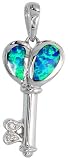 Sterling Silver Heart Key Pendant, Inlaid w/ Lab Opal 15/16 (24 mm) tall,