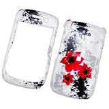 Red Flower with Black Splash Mark on White Snap on Hard Skin Cover Case for Blackberry Curve 8520 8530 + Microfiber Cell Phone Bag