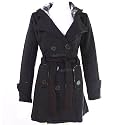 Womens Belted Jacket Button Coat Black with Hood
