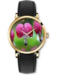 SPRAWL Aanalog Fashion Series Gold Ladies Watches of Genuine Black Leather Strap,Unique Wrist Watch for Women Girls Designed with Pink tulips and stamen