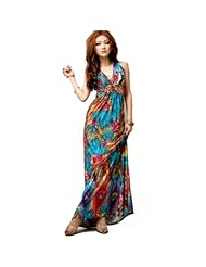 V-neck General Print Polyester Summer Full Length Halter Sleeveless Maxi Dress 