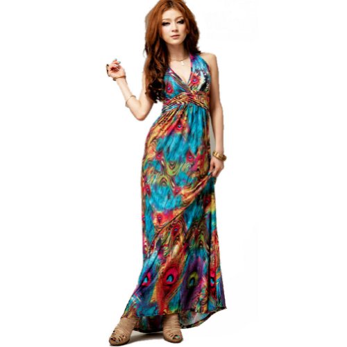 Women's Peacock Printed Halter V-neck Summer Boho Maxi Dresses