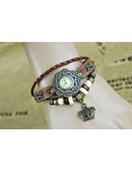 KANO BAK(TM) Fashion Weave Wrap Around Press Button Leather Retro Bracelet Woman Girl Man Crown Wrist Gift Watch Brown