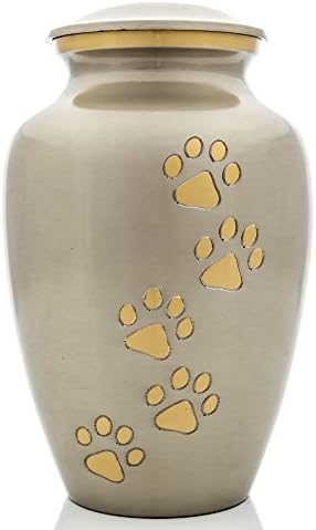 Pet Urn - Ottillie Paws Legacy Memorial Pet Cremation Urns for Dogs and Cats Ashes Hand Carved Brass Memory Keepsake Urn (Pewter, Vertical, Brass, Small)