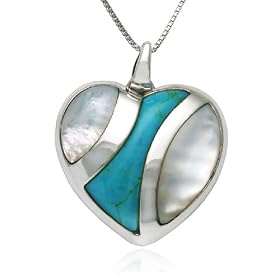 Sterling Silver Turquoise and Mother-Of-Pearl Heart Pendant, 18 by