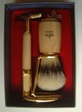 Omega Blonde Wooden Boar Hair Brush Shaving Set with Trac 2 Razor and Gold Stand - #1150.6