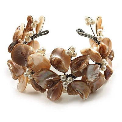 Antique White Floral Shell & Pearl Cuff Bracelet (Silver Tone)