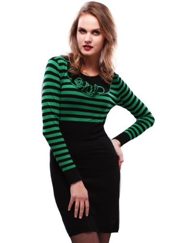 Maxchic Women's Ruffled Collar Striped Bodice Bodycon Sweater Dress Q42007S11M,Green,Small