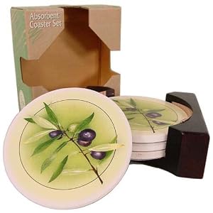 Olives Design Absorbent Stone Ceramic Coasters in Wood Holder