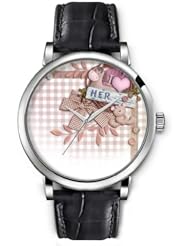 SPRAWL Aanalog Fashion Series Silver Ladies Watches of Genuine Black Leather Strap,Unique Wrist Watch for Women Girls Designed with I love her