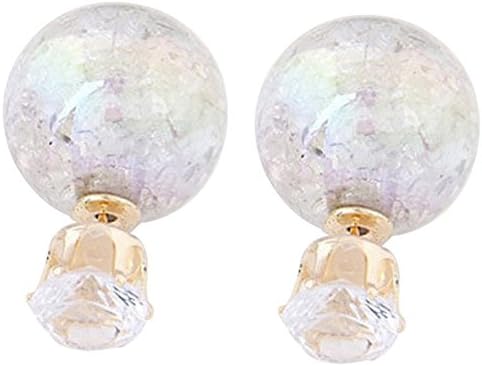 Women's Gold Plated Tribal Double Sided Front Back Peek A Boo Double l Crown Crystal Pearl Ball Stud Earrings (White)