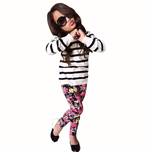 Hatop 1Set Baby Girls Outfit Clothes Stripe Long Sleeve Tops+Floral Long Pants