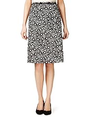 Linen Blend Geometric Print Knee Length Skirt