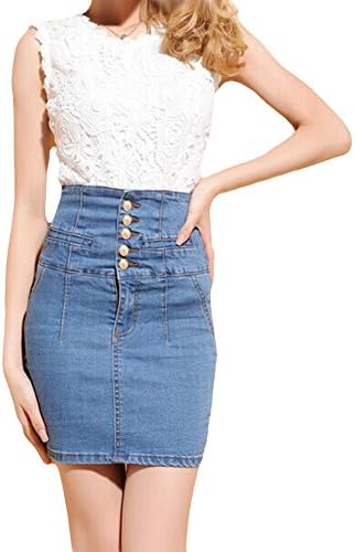 Women Girls High Waist A-Line Stretch Denim Pencil Skirt Button-Front Denim Mini Skirt Plus Size
