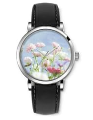 SPRAWL Aanalog Fashion Series Silver Ladies Watches of Genuine Black Leather Strap,Unique Wrist Watch for Women Girls Designed with Light pink flowers