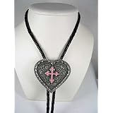 Diamondcut Heart w Pink Cross Enamel Religious Bolo Tie by LadyM Buckles, U.S. Buckle