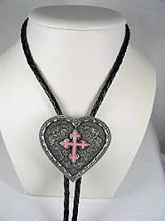 Diamondcut  Heart w/Pink Cross  Enamel Religious Bolo Tie