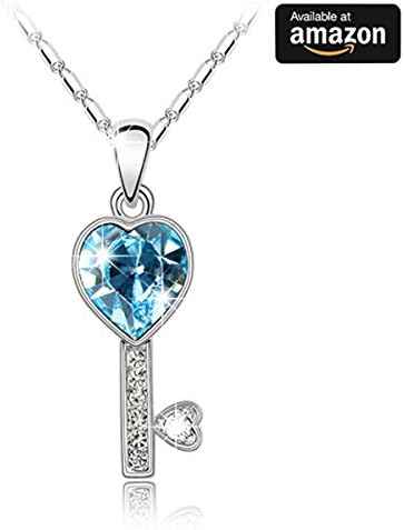 Fashion 18k White Gold ''Enchant You''Blue Heart Key Pendant With Swarovski Crystal Necklace Jewelry
