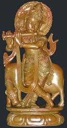 Lord Krishna Statue with Cow Venu Gopala Carved Stone Sculptures 8.5"