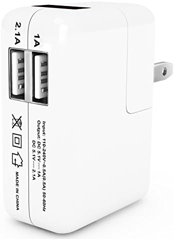 Dual USB Wall Charger with FLIP down plug and indicator (2.1A port and 1A port) - 60 days money back guaranty - AC USB Power Adapter - Designed for Apple and Android Phones and Tablets: Apple iPad Air, iPad 2, New iPad 3, iPad Mini iPhone 5S 5C 5 4s 4 3 3Gs, Samsung Galaxy Tab, HTC Samsung Motorola Android Phones and External Battery - 1 Year Replacement Warranty (white)