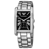 Image of Emporio Armani gents rectangular case with a black dial, stainless steel bracelet watch