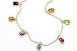 14K Yellow Gold Beaded Diamond Cut 16 Necklace, set with multi-colored dangling semi-precious stones