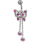 Pink Crystal Butterfly And Flowers Dangle Belly Ring