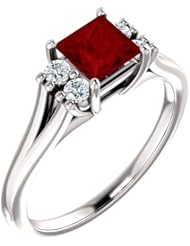 14K White Gold 5.00x5.00mm Princess Cut Chatham Created Ruby and Diamond Ring -- LIFETIME WARRANTY