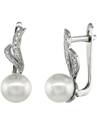14k White Gold Ribbon Pearl Earrings w/ 0.06 Carat Brilliant Cut ( H-I Color; VS2-SI1 Clarity ) Diamonds & 9mm White Pearls, 7/8 in. (22mm) tall